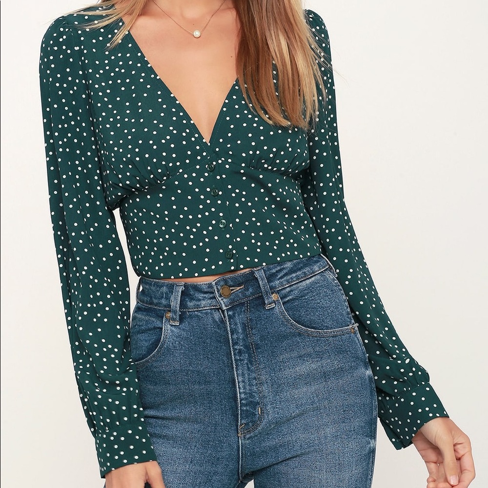 Lulu’s Green Polka Dot Long Sleeve Button Down Crop Top Blouse